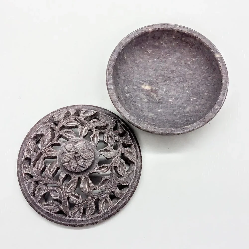 Grey Lavender Hand-Carved Covered Soapstone Round Box